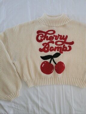 Cream Ribbed/Knit Crop Sweater with Red Cherry Bomb Appliqué